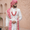 Blush Pink Feta Groom Safa Pagdi Turban with Printed Stole & Pearl Mala | Traditional Indian Wedding Accessory