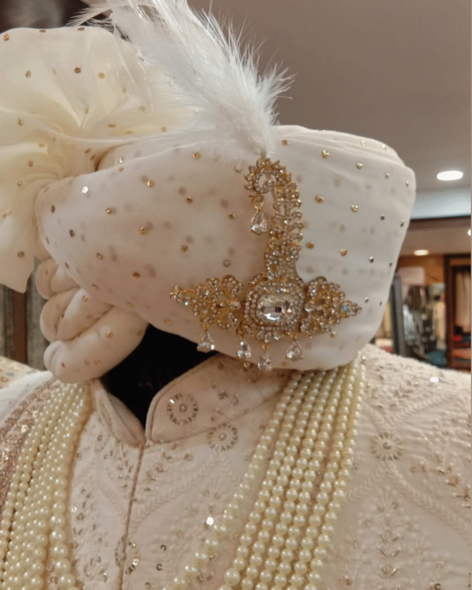 Ivory Crystal Studded Feta Groom Safa Pagdi Turban with Feather & Ornate Brooch | Traditional Indian Wedding Accessory