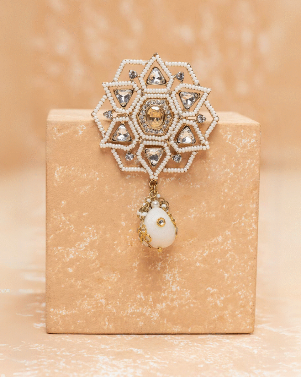 Safawala White Kundan Star Designer Brooches | Groom Turban Pagdi Sherwani Wedding Accessory