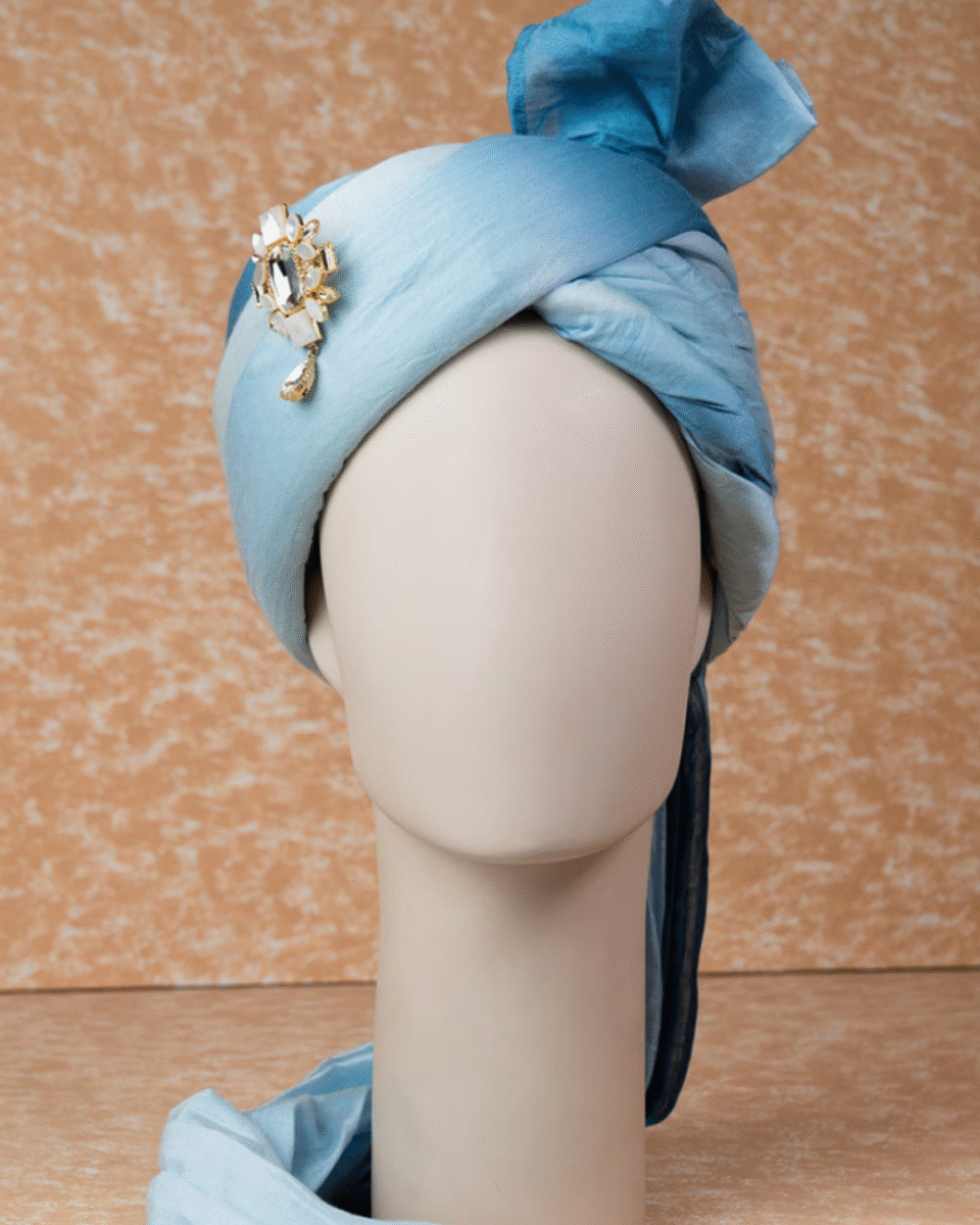 Powder Blue Ombre Feta Groom Safa Pagdi Turban with Brooch | Traditional Indian Wedding Accessory