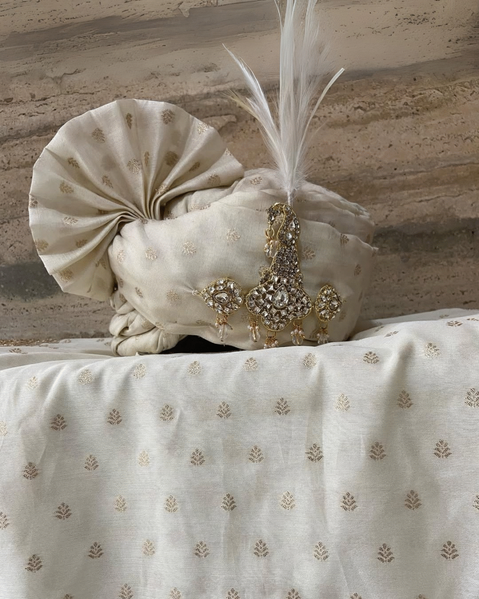 Ivory Embroidered Feta Groom Safa Pagdi Turban with Pearl Brooch & Feather | Traditional Indian Wedding Accessory