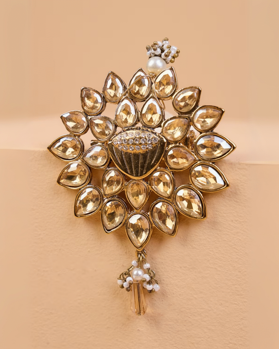Safawala Golden Kundan Flower Designer Brooches | Groom Turban Pagdi Sherwani Wedding Accessory