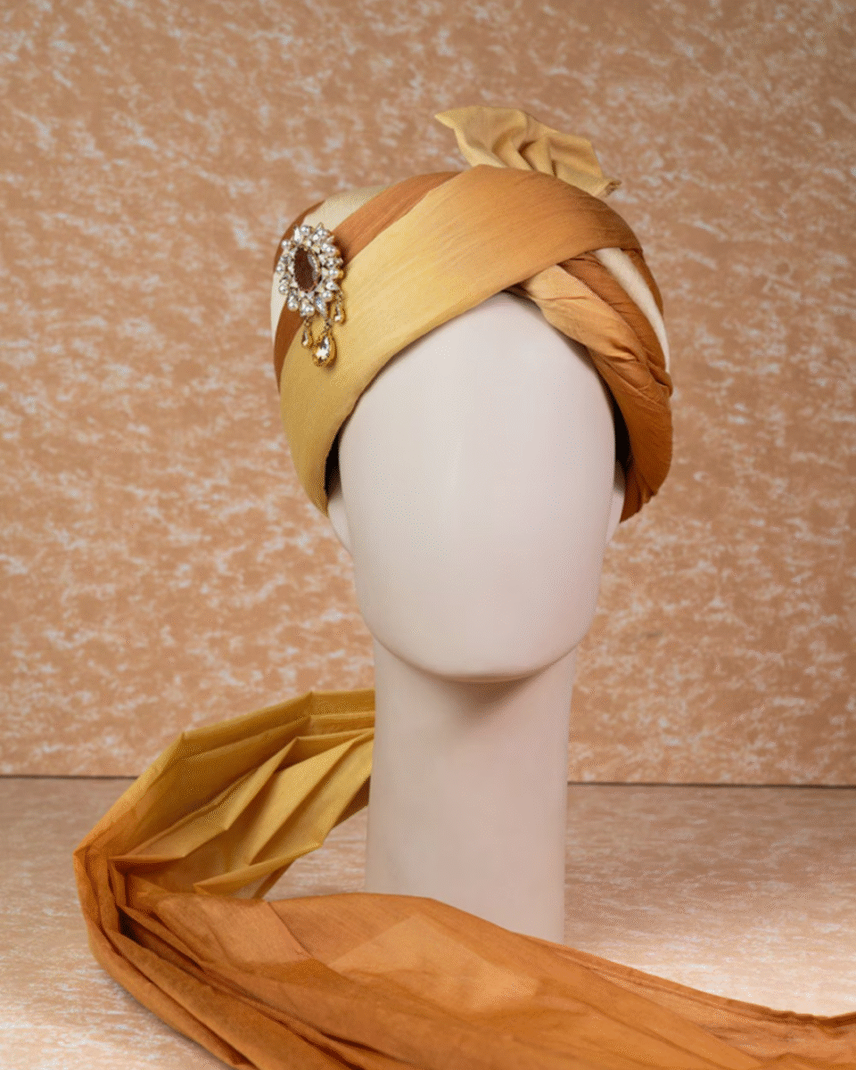 Amber Gold Ombre Feta Groom Safa Pagdi Turban with Brooch | Traditional Indian Wedding Accessory