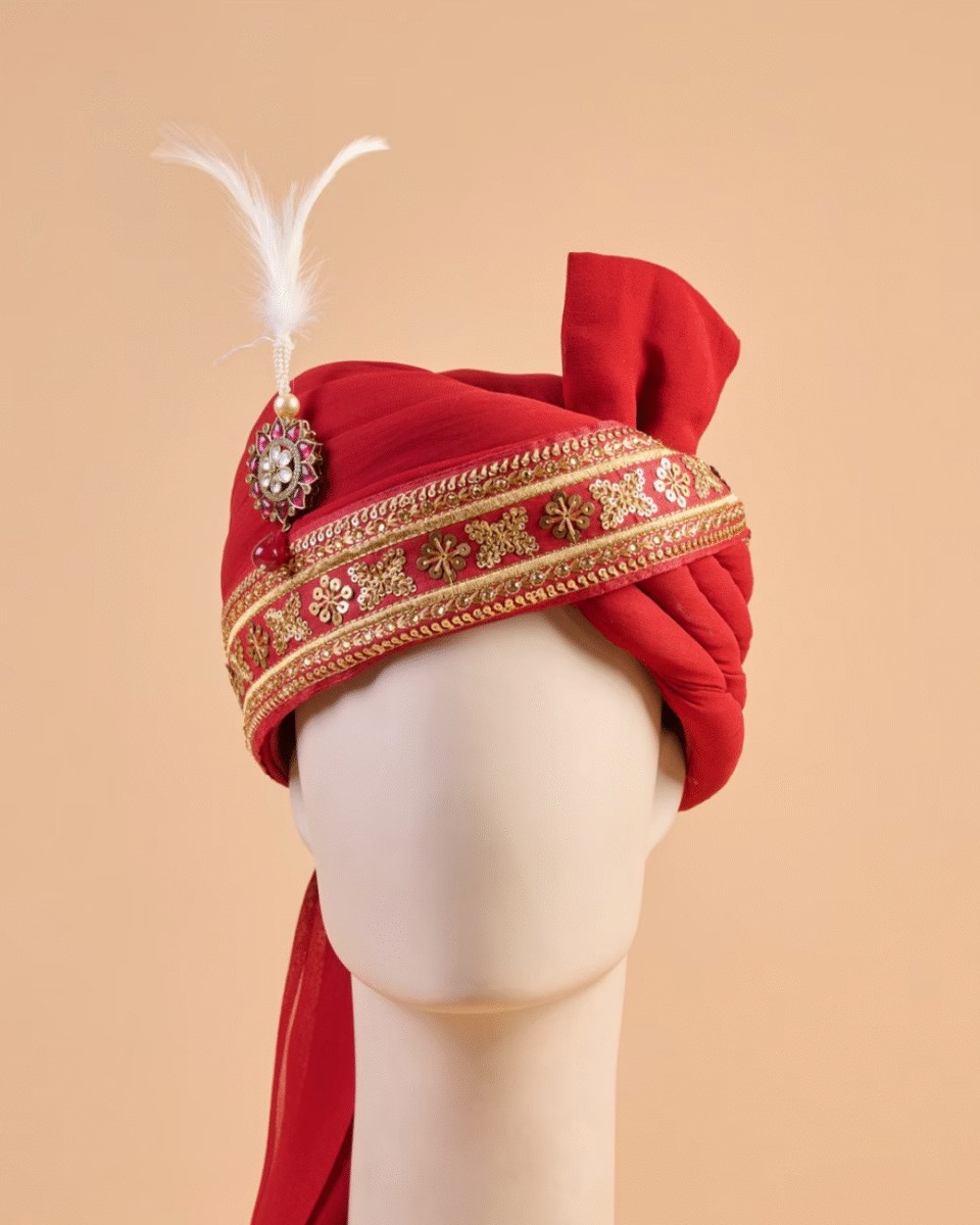 Royal Red Maharaja Feta Wedding Barati Safa Pagdi Turban with Brooch and Feather | Indian Wedding Groom Accessory