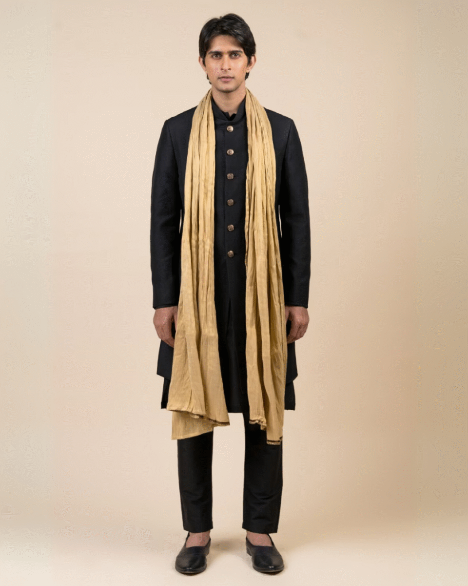 Safawala Gold Silk Dupatta & Stole | Groom Black Sherwani Wedding Accessory
