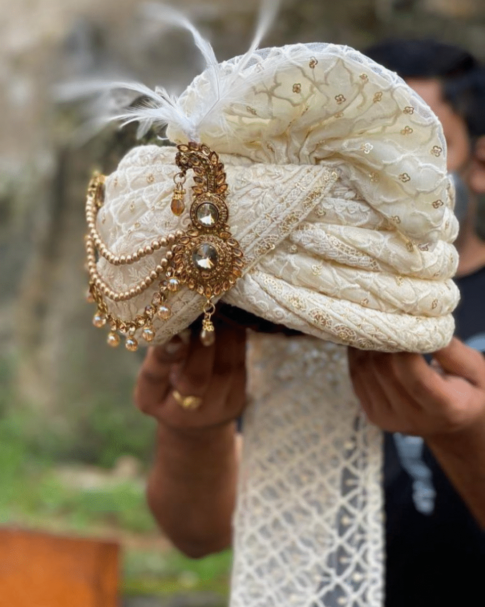 Ivory Royal Zari Feta Groom Safa Pagdi Turban with Pearl Chain & Feather | Traditional Indian Wedding Accessory