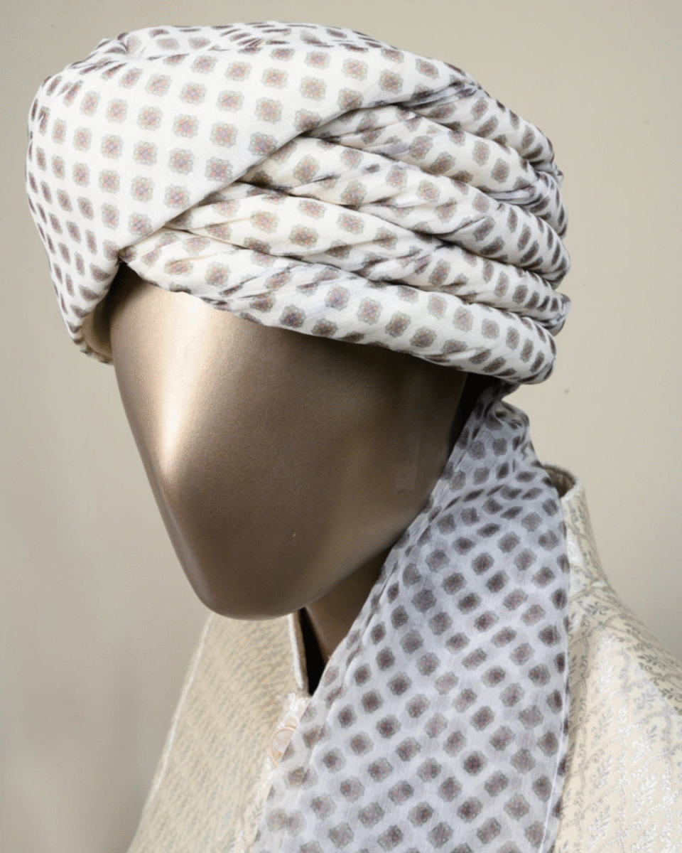 White Printed Feta Wedding Barati Safa Pagdi Turban | Traditional Indian Guest Wedding Accessory