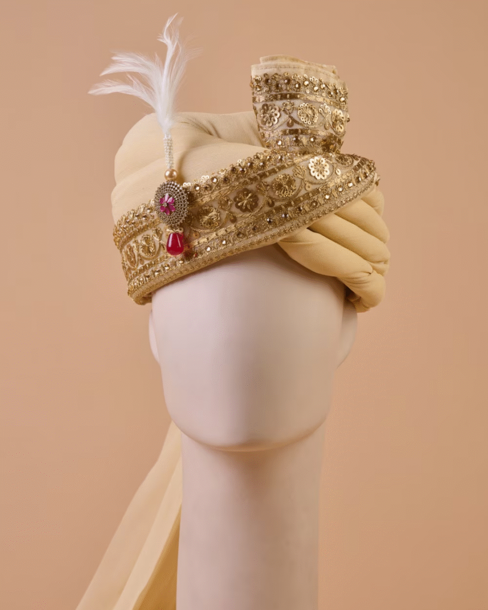 Champagne Gold Maharaja Feta Safa Pagdi Turban with Embellished Brooch & Feather | Indian Wedding Groom Accessory