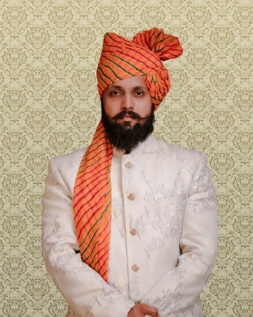 Orange Gold Feta Wedding Barati Safa Pagdi Turban | Traditional Indian Groom Guest Wedding Accessory