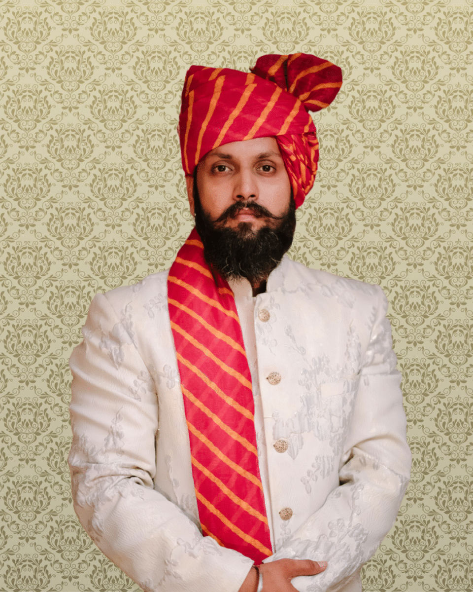 Scarlet Majesty Stripe Feta Wedding Barati Safa Pagdi Turban | Traditional Indian Groom Guest Wedding Accessory