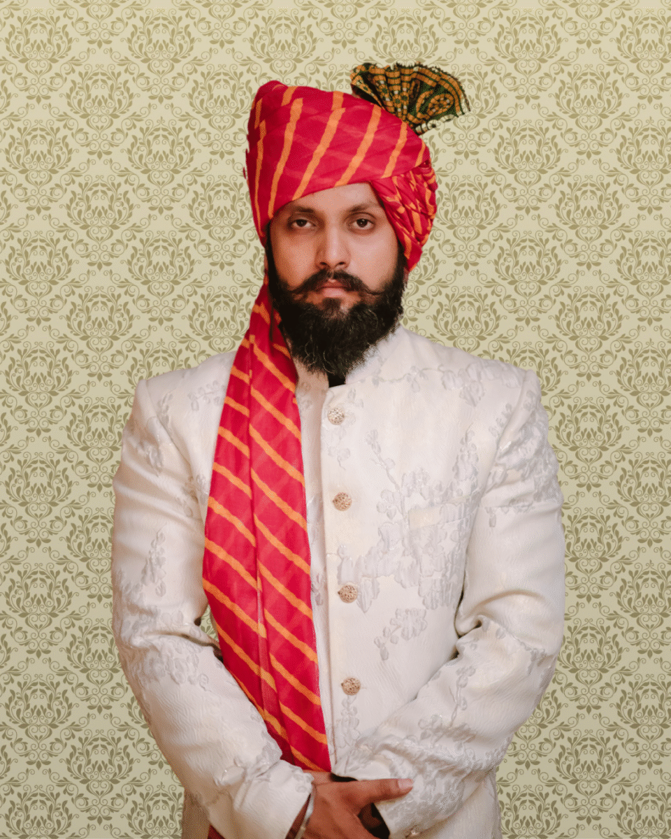 Crimson Blaze Stripe Feta Wedding Barati Safa Pagdi Turban | Traditional Indian Groom Guest Wedding Accessory
