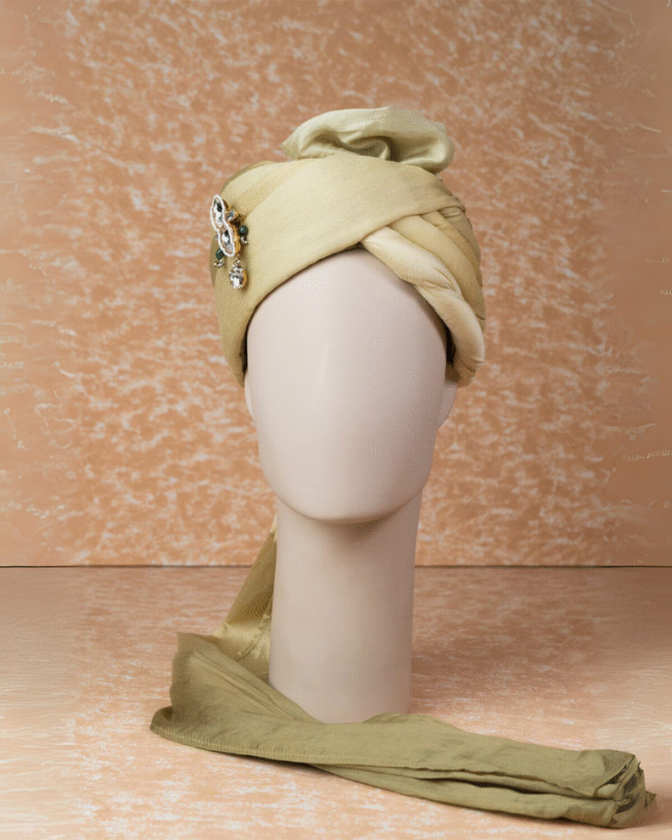 Olive Gold Regal Feta Groom Safa Pagdi Turban with Brooch | Traditional Indian Wedding Accessory