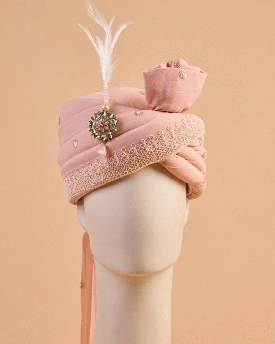 Blush Pink Feta Groom Safa Pagdi Turban with Brooch & Feather | Traditional Indian Wedding Accessory