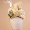 Champagne Gold Feta Groom Safa Pagdi Turban with Emerald Brooch & Feather | Traditional Indian Wedding Accessory