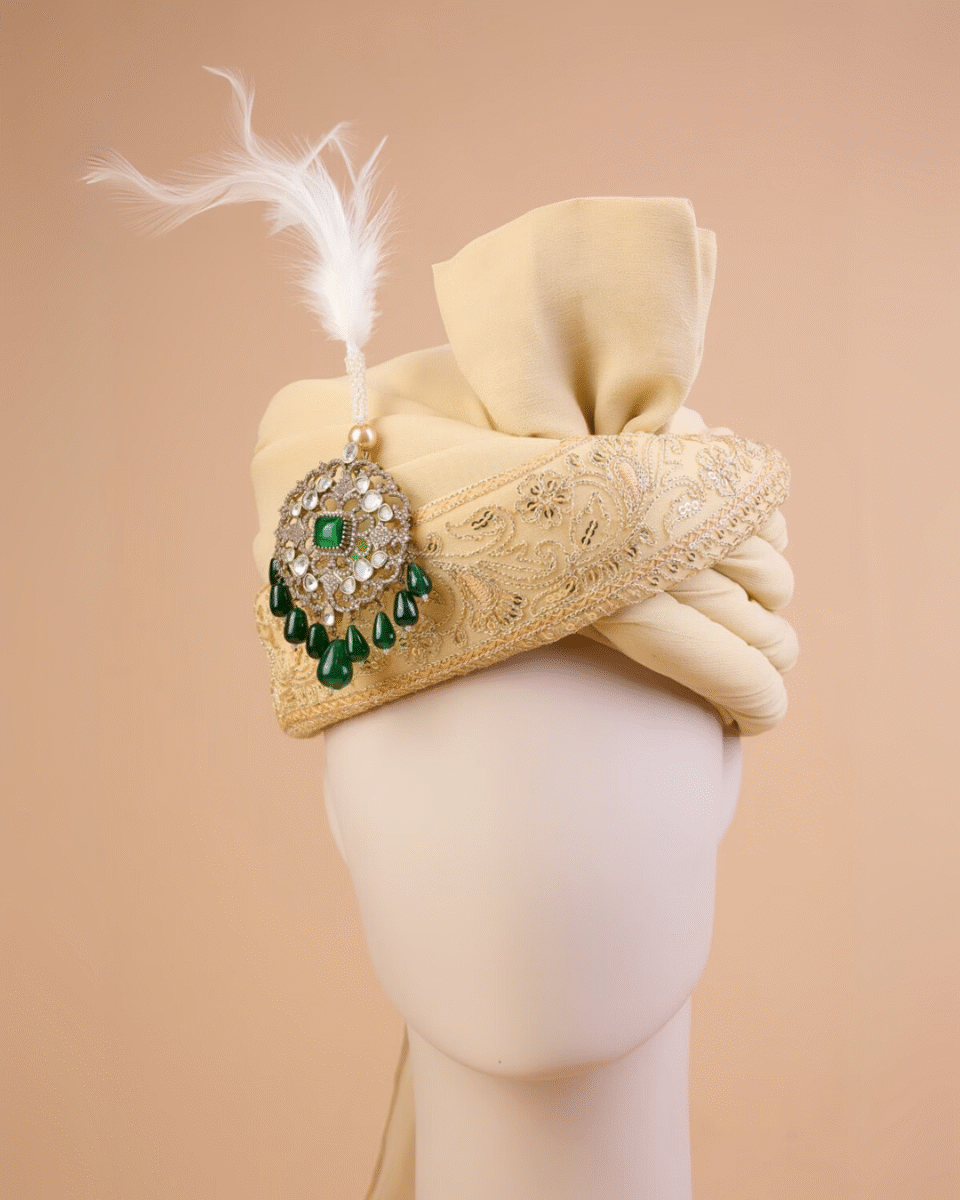 Champagne Gold Feta Groom Safa Pagdi Turban with Emerald Brooch & Feather | Traditional Indian Wedding Accessory