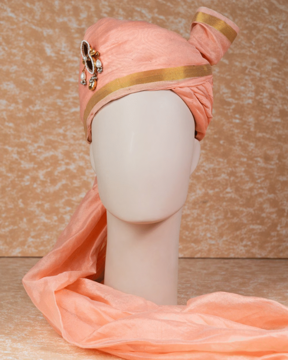 Peach Gold Feta Groom Safa Pagdi Turban with Brooch | Traditional Indian Wedding Accessory