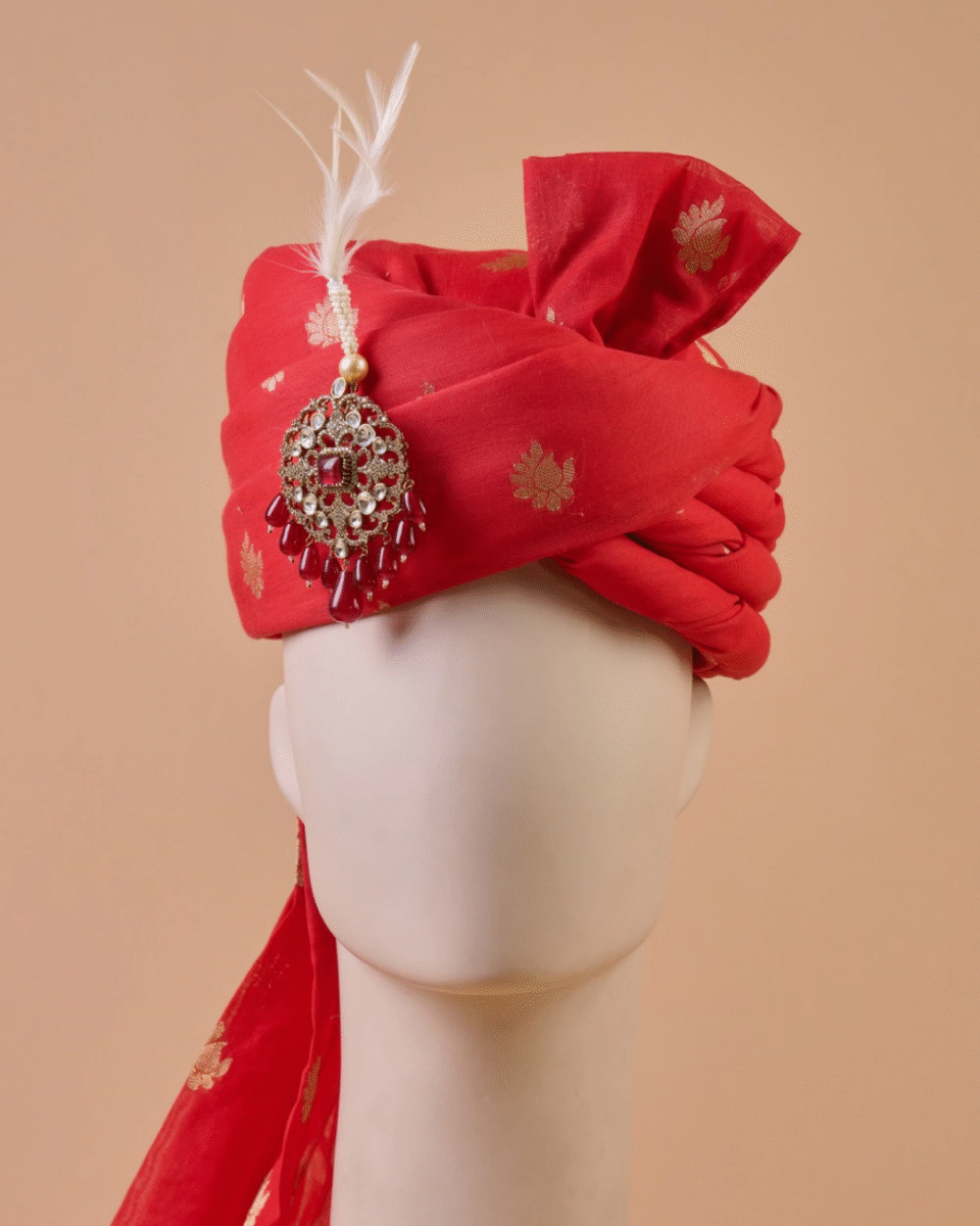Crimson Zari Feta Groom Safa Pagdi Turban with Brooch & Feather | Traditional Indian Wedding Accessory