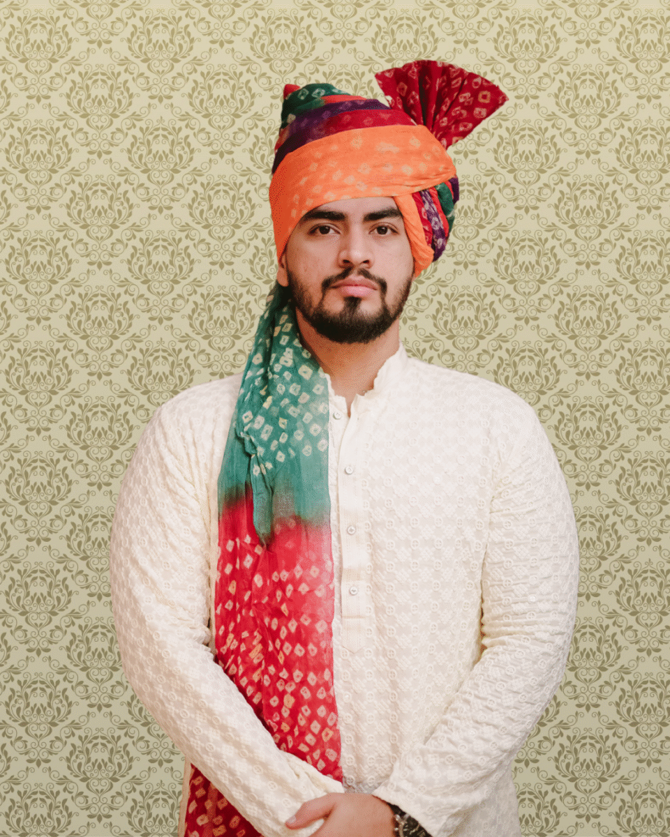 Emerald Saffron Bandhani Feta Wedding Barati Safa Pagdi Turban | Traditional Indian Groom Guest Wedding Accessory