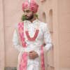 Blush Pink Feta Groom Safa Pagdi Turban with Printed Stole & Pearl Mala | Traditional Indian Wedding Accessory