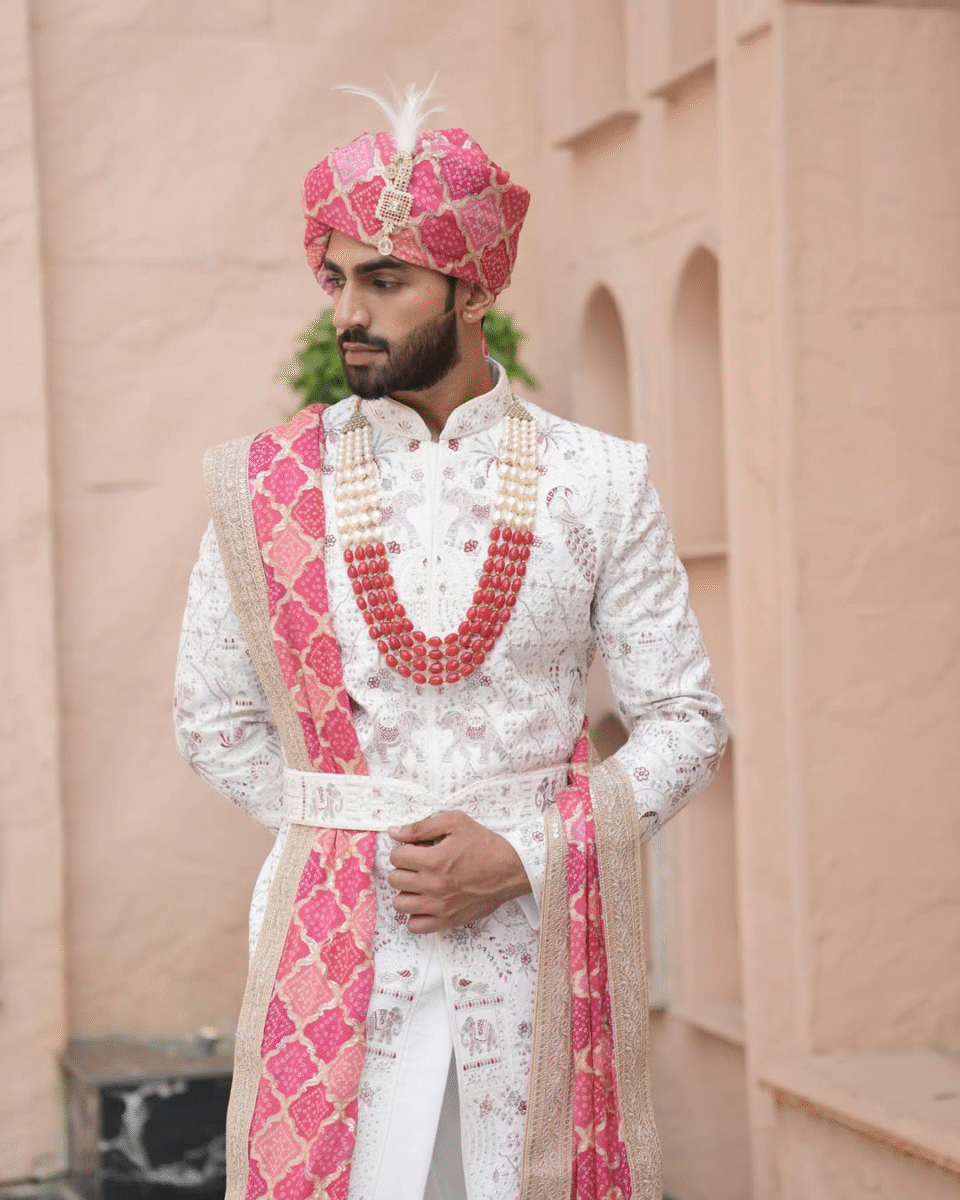 Blush Pink Feta Groom Safa Pagdi Turban with Printed Stole & Pearl Mala | Traditional Indian Wedding Accessory