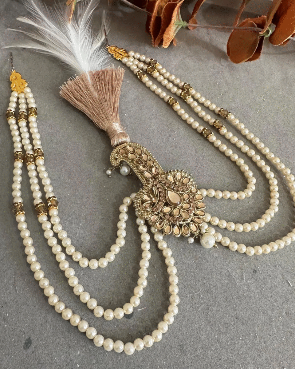 Safawala Kundan Pearl Mala Kalgi Royal Pin | Groom Turban Pagdi Sherwani Wedding Accessory