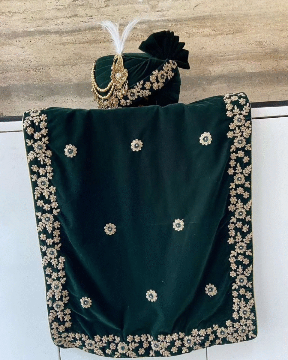 Emerald Green Feta Groom Safa Pagdi Turban with Embroidered Border & Pearl Chain | Traditional Indian Wedding Accessory