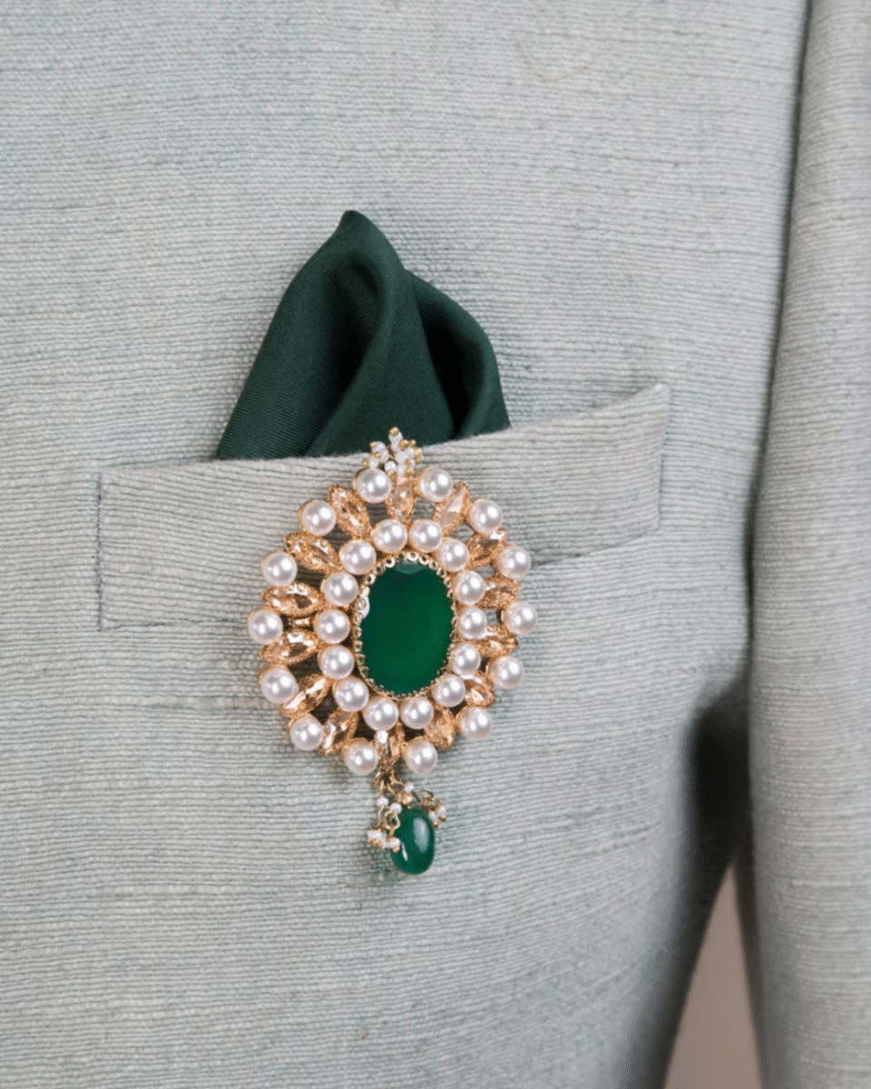 Safawala Green Stone Pearl Brooches | Groom Sherwani Turban Pagdi Wedding Accessory