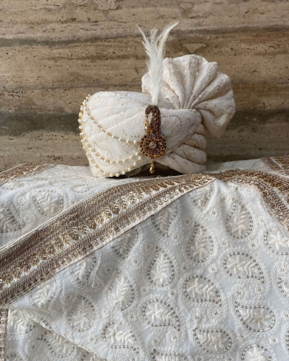 Ivory Sequined Feta Groom Safa Pagdi Turban with Ruby Brooch & Pearl Chain | Traditional Indian Wedding Accessory