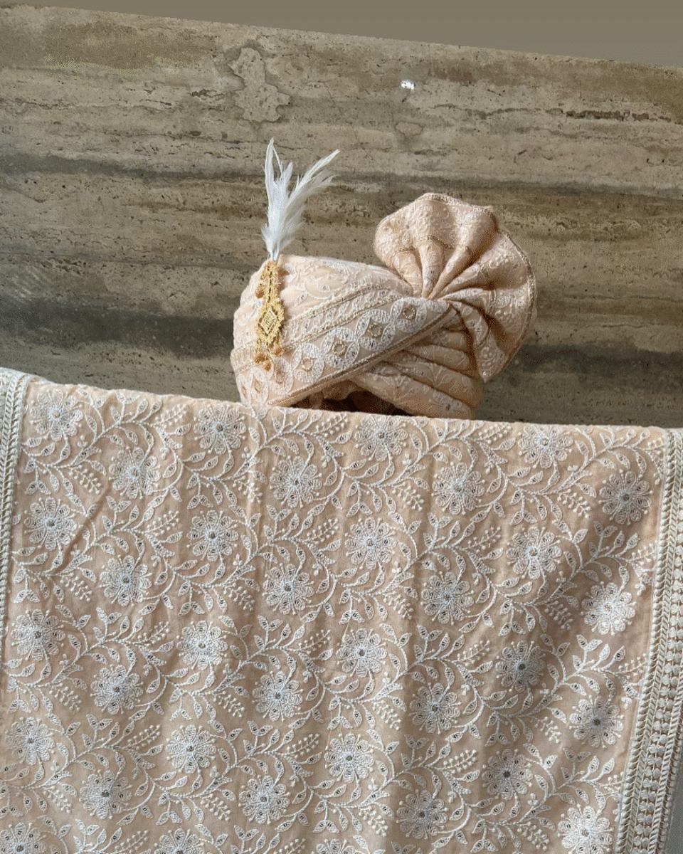 Champagne Gold Embroidered Feta Groom Safa Pagdi Turban with Feather | Traditional Indian Wedding Accessory