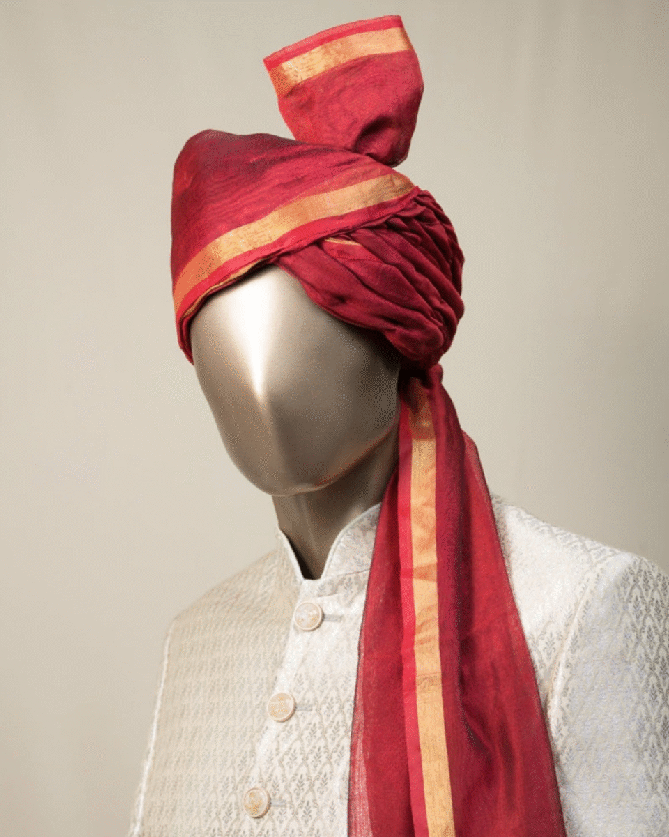 Red Gold Border Wedding Barati Safa Pagdi Turban | Traditional Indian Guest Wedding Accessory