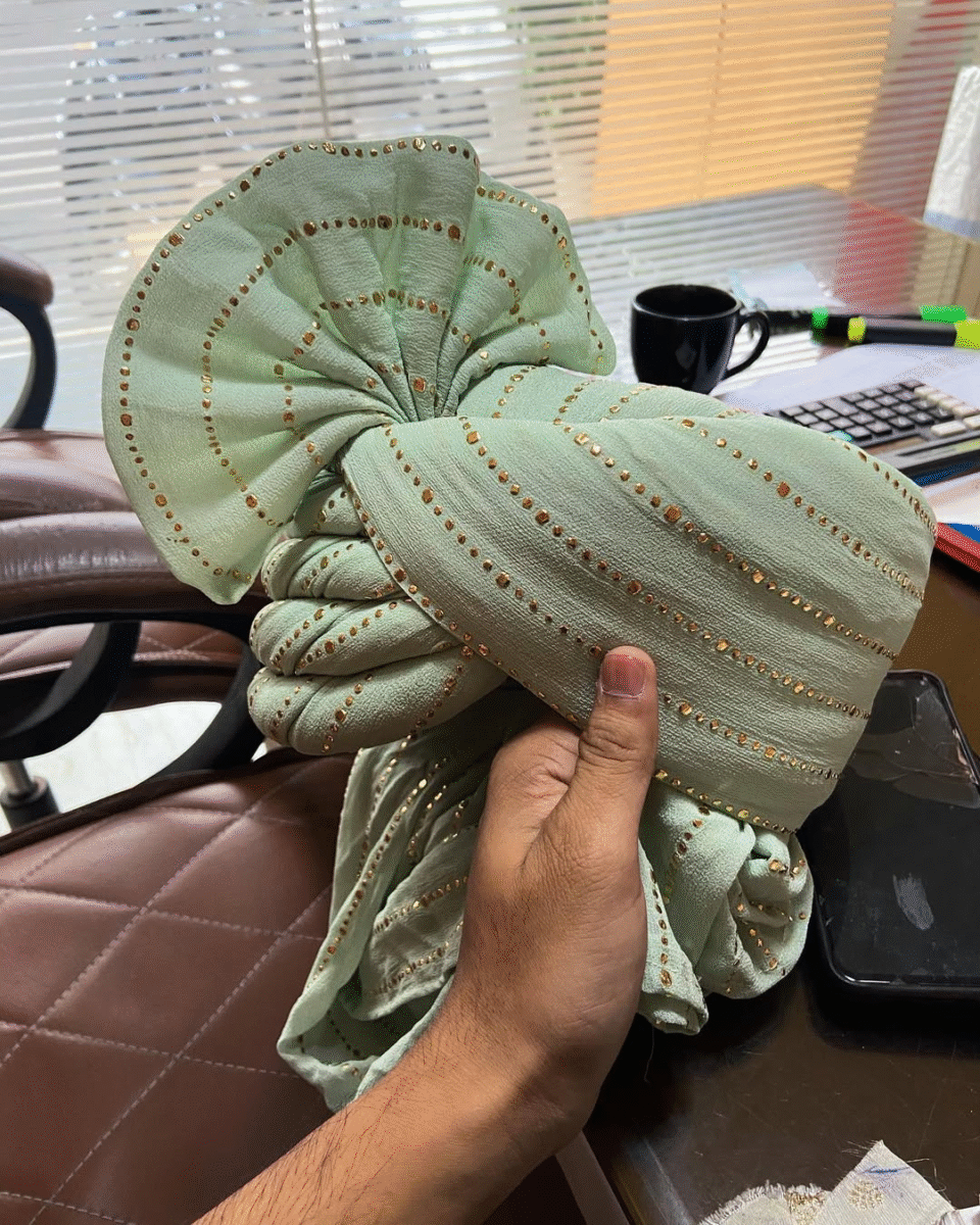 Mint Green Sequined Feta Groom Safa Pagdi Turban | Traditional Indian Wedding Accessory