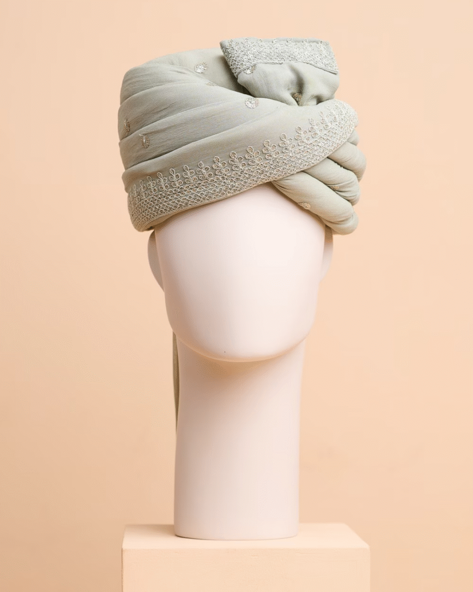 Sage Green Feta Wedding Barati Safa Pagdi Turban | Traditional Indian Guest Wedding Accessory