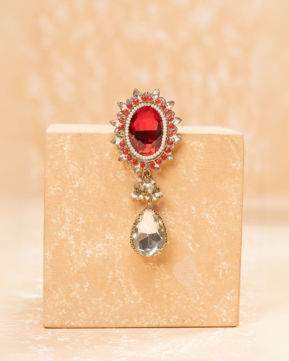Safawala Red Oval Crystal Brooches | Groom Turban Pagdi Sherwani Wedding Accessory